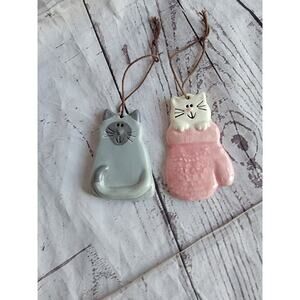 August Ceramics Lot 2 Cat Ornaments Grey Cat And White Cat In Pink Mitten